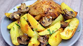 Kartoffeln mit Pilzen und Hähnchenkeulen im Ofen